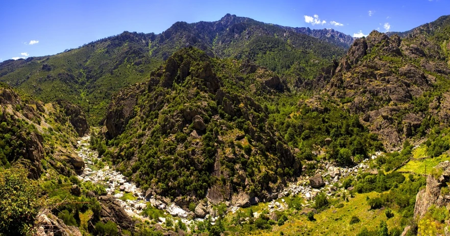 a view of a valley from the top of a mountain, by Muggur, flickr, les nabis, tonemapping, wide angle river, boka, panoramic shot