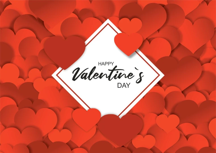 a card that says happy valentine's day surrounded by lots of red hearts, by Valentine Hugo, shutterstock, romanticism, vector design, diamond, handcrafted paper background, love is begin of all