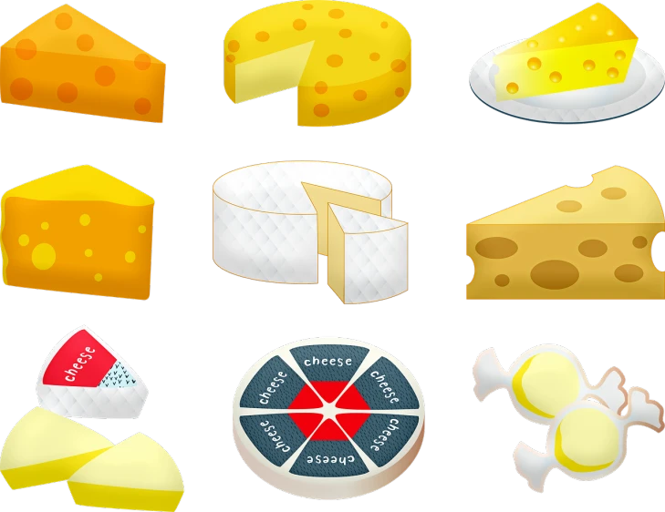 a bunch of different types of cheese on a black background, by Julian Hatton, trending on pixabay, pop art, icon pack, nine separated hd, game icon asset, taj mahal made of cheese