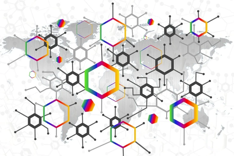 a map of the world surrounded by colorful hexagons, an illustration of, analytical art, abstraction chemicals, connecting lines, dna, logo for research lab