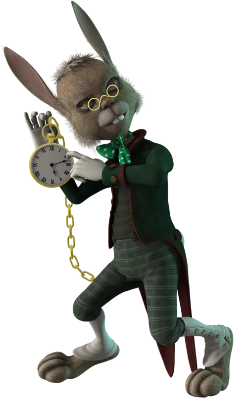 a cartoon rabbit that is holding a clock, a raytraced image, inspired by Sir John Tenniel, zbrush central contest winner, second life avatar, dormant in chains, full body portrait shot, nick wilde