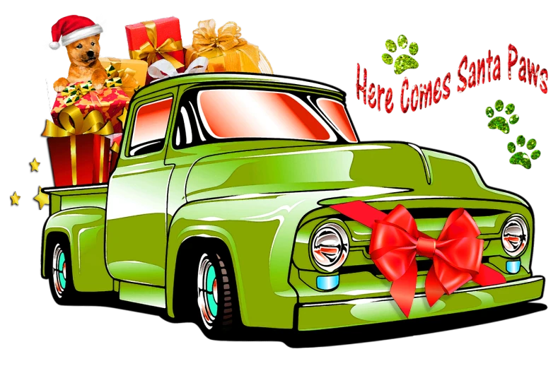 a green truck with a bunch of presents in the back, a digital rendering, by Arnie Swekel, pop art, car trading game, banner, four legged, 15081959 21121991 01012000 4k