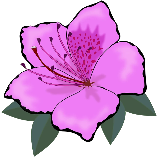 a pink flower with green leaves on a black background, by Ramón Silva, pixabay, sōsaku hanga, very flat shading, lavender blush, hibiscus, almond blossom
