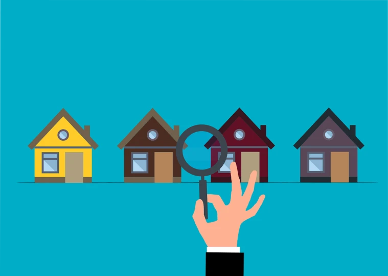 a hand holding a magnifying lou lou lou lou lou lou lou lou lou lou lou lou lou lou lou lou lou lou lou lou lou, an illustration of, by Barron Storey, shutterstock, sharp focus on houses, flat vector, people looking at a house, thumbnail