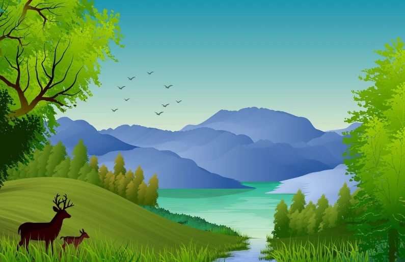 a deer that is standing in the grass, an illustration of, by Yang Borun, shutterstock, sumatraism, river and trees and hills, blue and green water, a beautiful artwork illustration, landscape wide shot