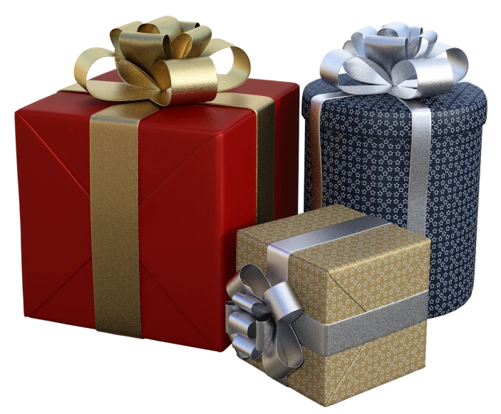 a group of three gift boxes sitting next to each other, a 3D render, by László Balogh, zbrush central contest winner, gold and silver and brass, birthday wrapped presents, marvelous designer 3d rendered, holiday season