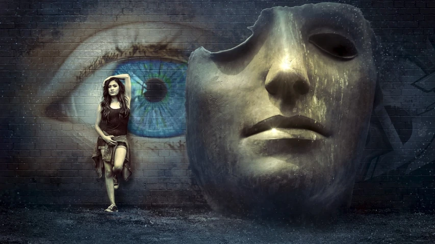 a woman standing in front of a large statue, inspired by Igor Morski, trending on pixabay, surrealism, wall of eyes, greek mask, person in foreground, karol bak uhd