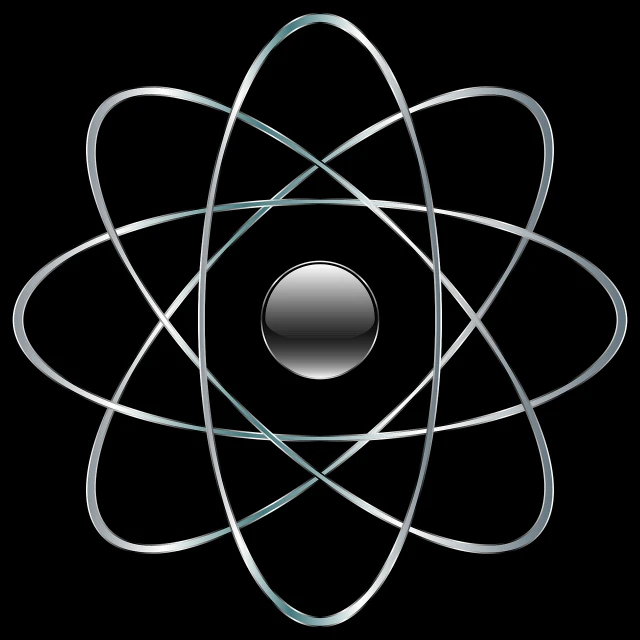 a close up of a metal object on a black background, a digital rendering, nuclear art, model of atom, radiohead logo, created in adobe illustrator, infini - d - render