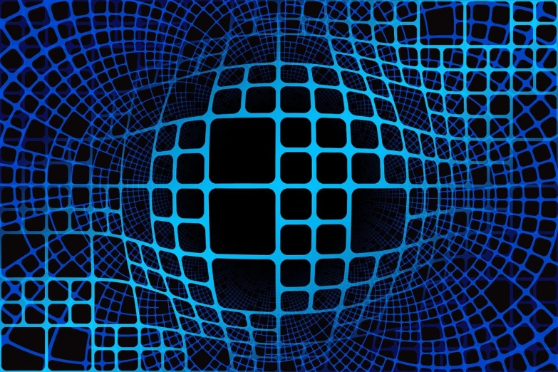 a blue and black abstract background with squares, inspired by Victor Vasarely, flickr, abstract illusionism, photo of a dyson sphere, wormhole, loosely cross hatched, netting