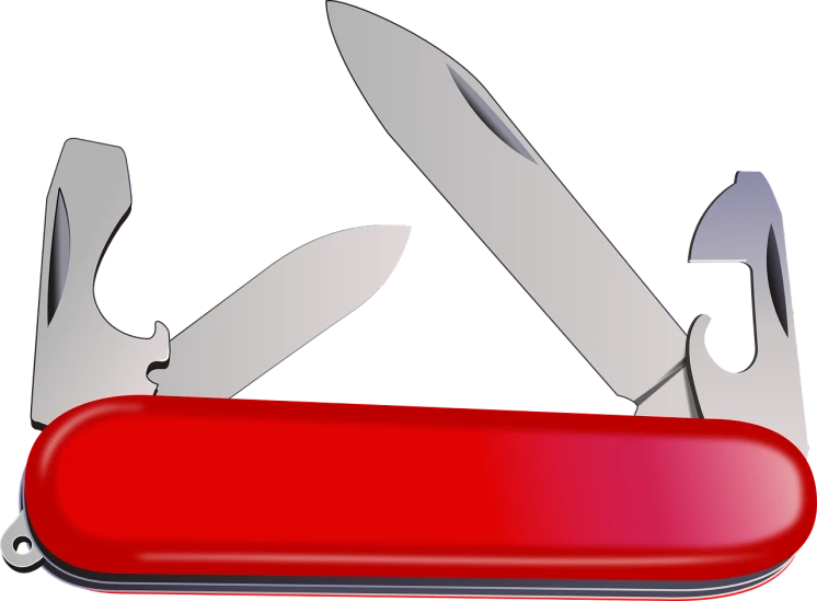 a swiss army knife with a red handle, a digital rendering, by Andrei Kolkoutine, pixabay, bauhaus, holding magical kitchen knives, with a black background, a folding knife, canoe