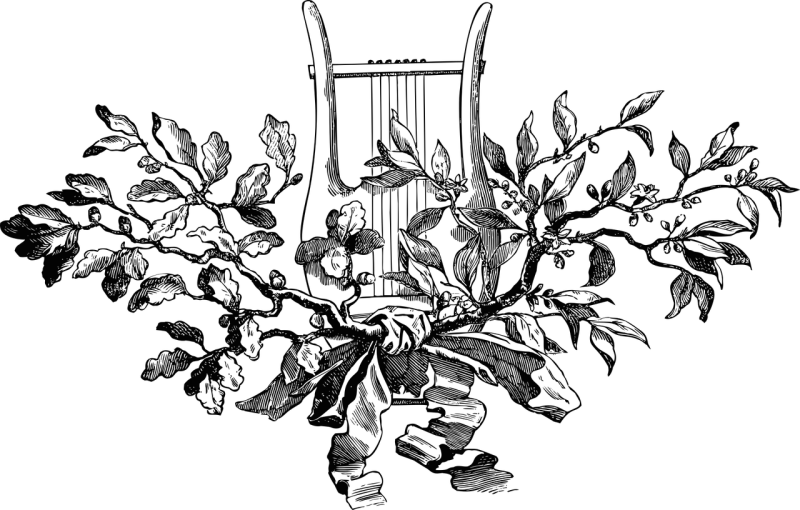 a black and white image of a clock in the dark, an engraving, inspired by Masamitsu Ōta, harp, flower background, logo without text, phone wallpaper