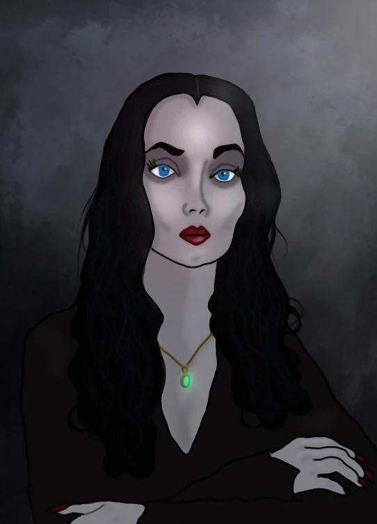 a drawing of a woman with blue eyes, a character portrait, deviantart contest winner, gothic art, morticia addams, drawn in microsoft paint, finished concept art, yennefer