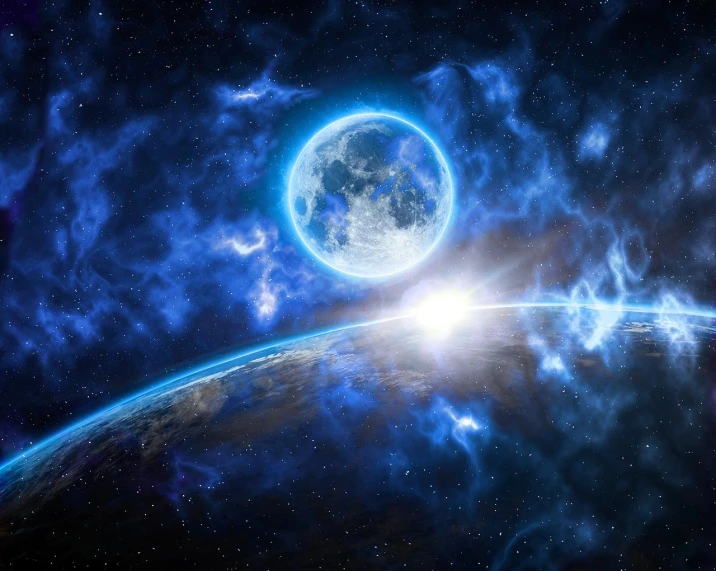 a view of the earth and the moon from space, a digital rendering, space art, bursting with blue light, very beautiful photo, in a cosmic nebula background, with full moon in the sky