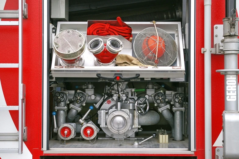 a fire truck filled with lots of different types of equipment, a portrait, by Robert Zünd, flickr, precisionism, inside view, hoses, [ [ hyperrealistic ] ], mid closeup