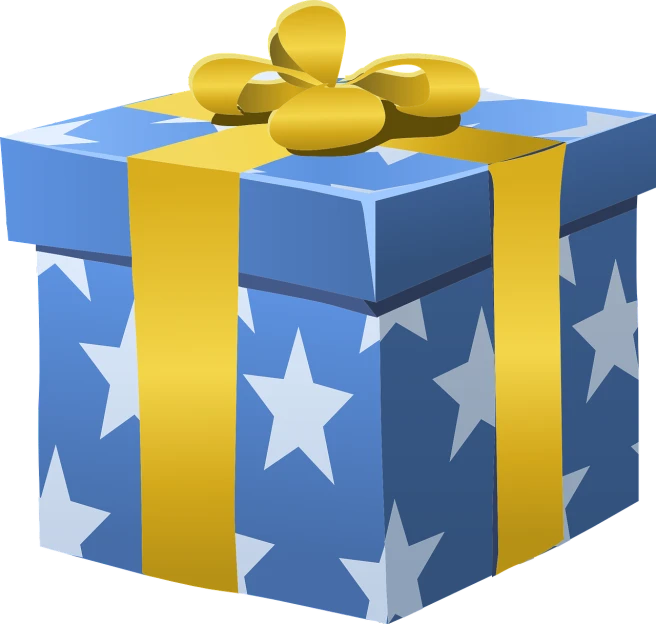 a blue gift box with a gold bow, pixabay contest winner, computer art, stars, blue and yellow spiderman, birthday wrapped presents, blender