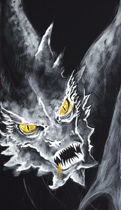 a black and white drawing of a dragon with yellow eyes, an acrylic painting, nazgul from lord of the rings, werewolf”, gouache, emerging from the darkness