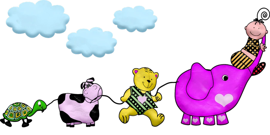 a group of cartoon animals standing next to each other, a cartoon, inspired by Eppo Doeve, flickr, (((colorful clouds))), black backround. inkscape, barney and friends, ! movie scene