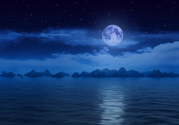 a full moon rising over a body of water, a matte painting, shutterstock, deep blue night sky, distant mountains lights photo, stock photo