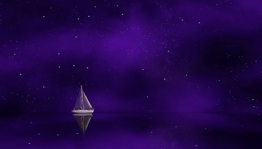 a boat floating on top of a body of water under a purple sky, space art, sailing boat, under the silent night sky, phone background, ocean pattern and night sky