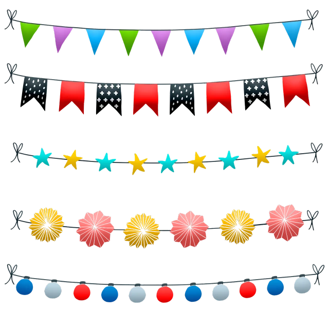 a bunch of flags and garlands on a black background, vector art, sōsaku hanga, industrial party, ribbons and flowers, high detail illustration, star