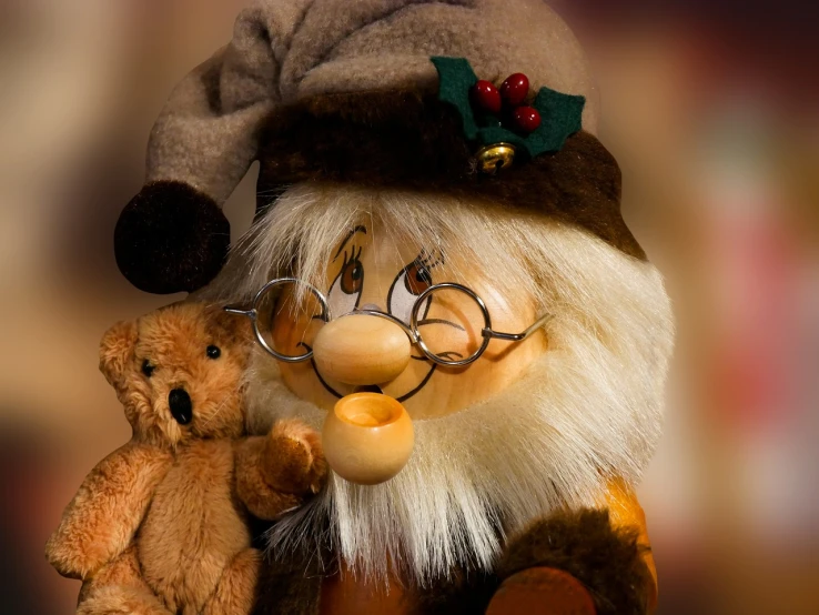a close up of a toy gnome with a teddy bear, a photo, inspired by Karl Gerstner, fur hdr, santa, watch photo, wooden