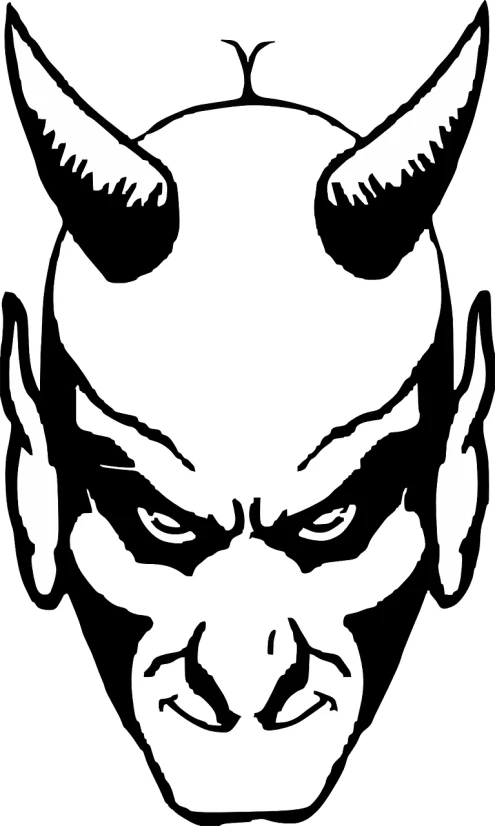 a black and white drawing of a demon's face, vector art, pixabay, hellboy, warrior face painting red, bald head and menacing look, with horns