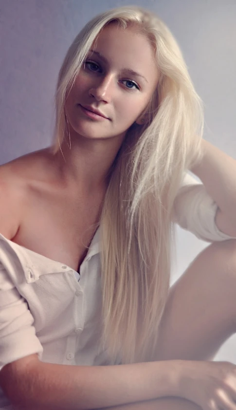 a woman with long blonde hair posing for a picture, by Helen Dahm, tumblr, clean soft lighting, ultra realistic photo, cyarine, with a white complexion