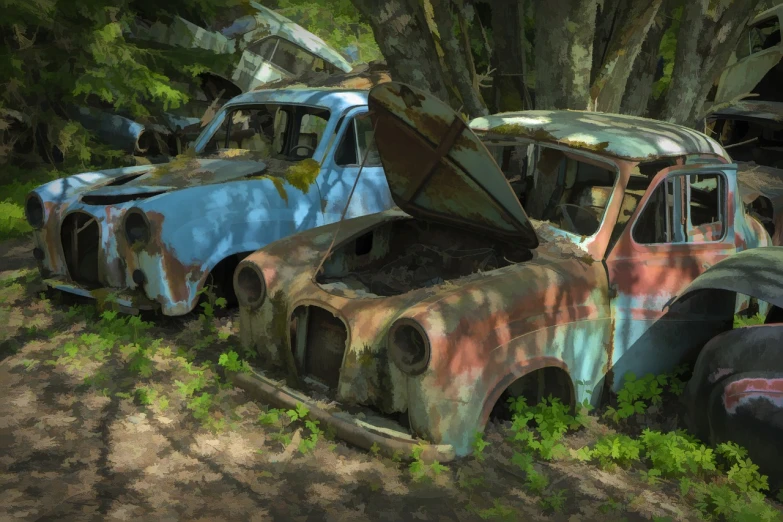 a couple of old cars that are sitting in the grass, a digital painting, by Igor Grabar, polycount contest winner, photorealism, decaying dappled sunlight, benjamin vnuk, archival pigment print, in a metal forest