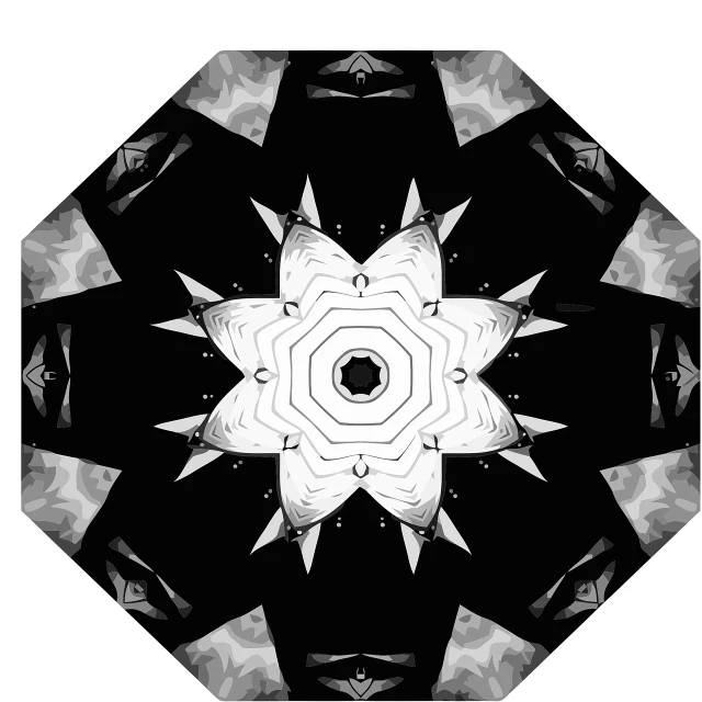 a black and white photo of a snowflake, an abstract drawing, inspired by Otto Piene, abstract illusionism, kaleidoscope of machine guns, symmetrical tarot illustration, parasol, made with photoshop