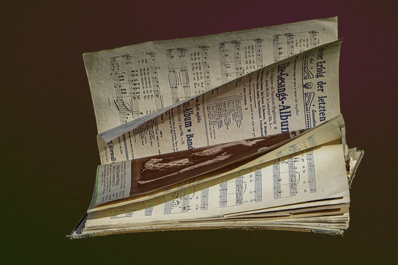 a stack of newspapers sitting on top of each other, a photo, by Anita Kunz, digital art, sheet music, very old, cut, tim hildebrant