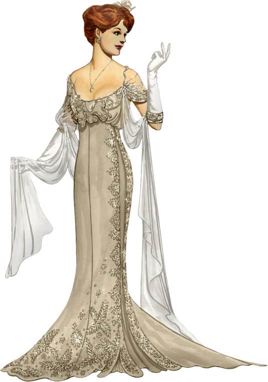 a drawing of a woman in a gown and gloves, a digital rendering, inspired by Harrison Fisher, cg society contest winner, carved ivory, figurine, full - length view, 1 9 2 0 cloth style