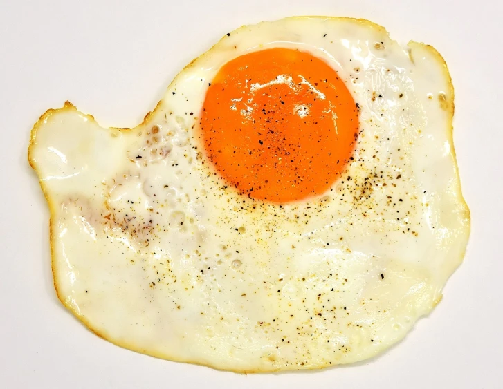 a fried egg sitting on top of a white plate, flickr, white and orange, closeup photo, detailed zoom photo, fry