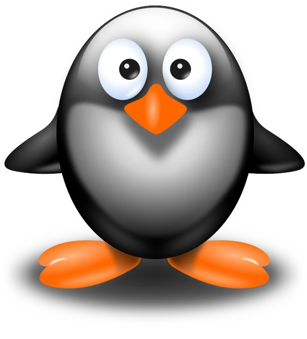 a black and white penguin with orange feet, an illustration of, computer art, shiny silver, cross-eyed, screensaver, round