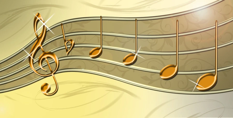 a group of musical notes sitting on top of a musical staff, an illustration of, by Béla Kondor, trending on pixabay, art nouveau, relaxed. gold background, crisp smooth lines, three fourths view, widescreen