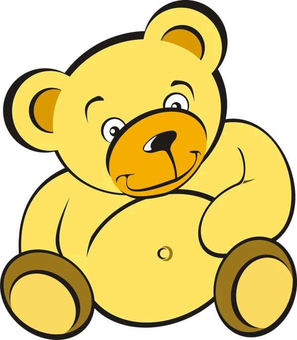 a yellow teddy bear sitting on the ground, a digital rendering, inspired by Jim Davis, reddit, toyism, !!! very coherent!!! vector art, fat belly, the background is black, from family guy