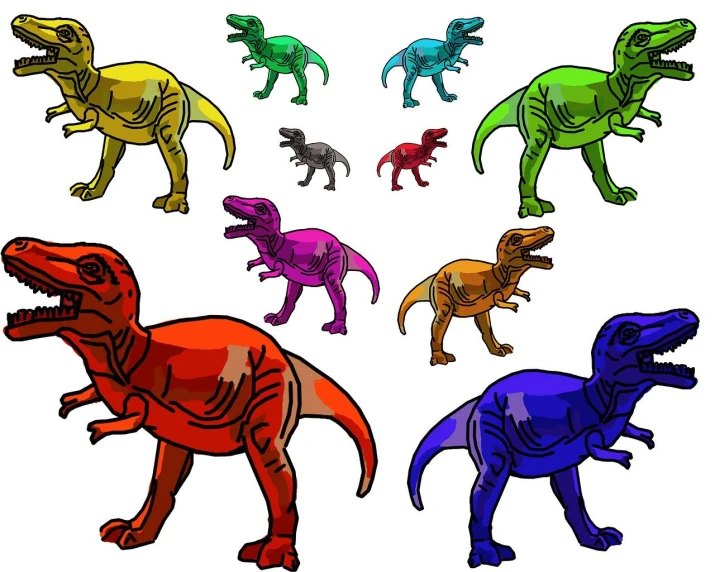 a variety of colored dinosaurs on a white background, an illustration of, inspired by Adam Rex, process art, harry volk clip art style, chrome dino, solid coloring, japan grungerock from colors