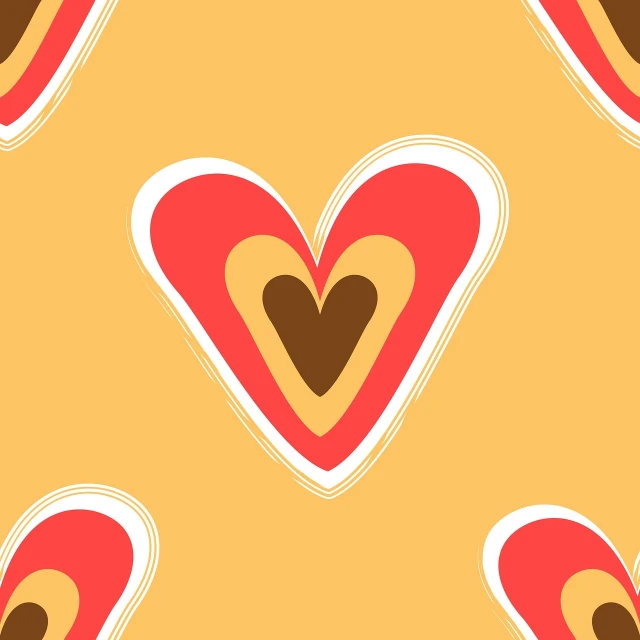 a pattern of hearts on a yellow background, inspired by Fritz Baumann, pop art, red and brown color scheme, 7 0 s palette, seamless pattern :: symmetry, on simple background