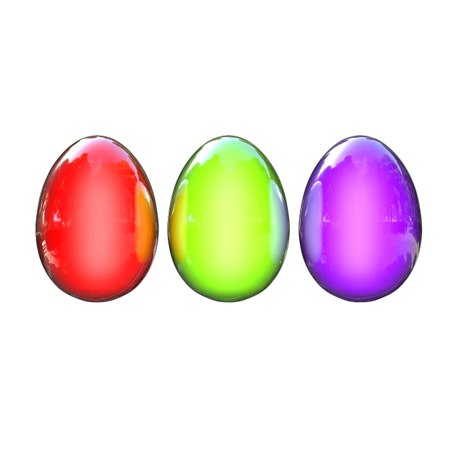 three different colored eggs on a black background, a raytraced image, digital art, video game asset, colorful glass art, rainbow caustic lighting, easter