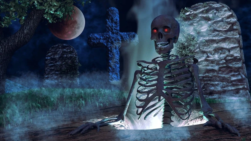 a skeleton sitting in the middle of a graveyard, a digital rendering, inspired by Michael Whelan, with 3d render, [[fantasy]], terminator skeleton, spooky photo