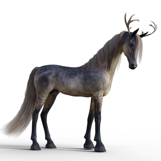 a horse with antlers standing in front of a black background, a digital rendering, full - body and head view, cel shaded pbr, long mane, looking to the side off camera