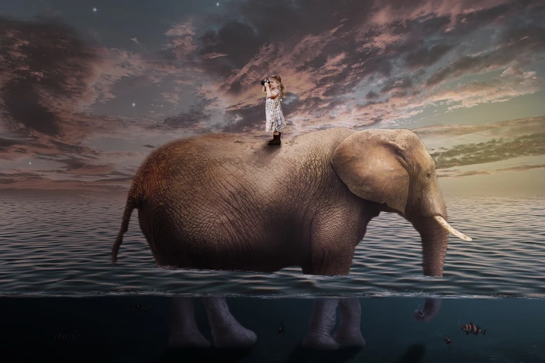 a woman standing on top of an elephant in the water, digital art, pixabay contest winner, dream world, digital collage, innocence, 5 0 0 px