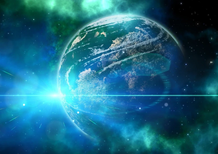 a close up of a planet with a star in the background, a digital rendering, space art, green and blue colors, lens flare photo real, with earth in the background, blue rays of light