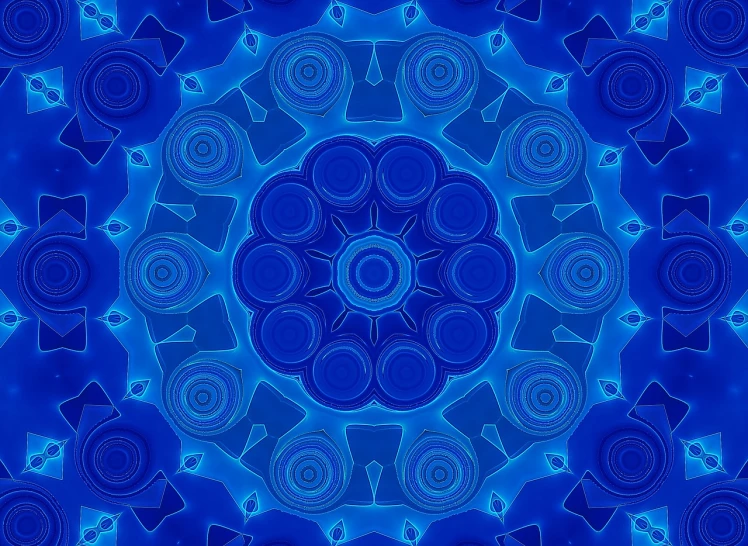 a close up of a circular design on a blue background, digital art, inspired by Benoit B. Mandelbrot, blue lamps on the ceiling, kaleidoscope of machine guns, carved from sapphire stone, futuristic psychedelic hippy