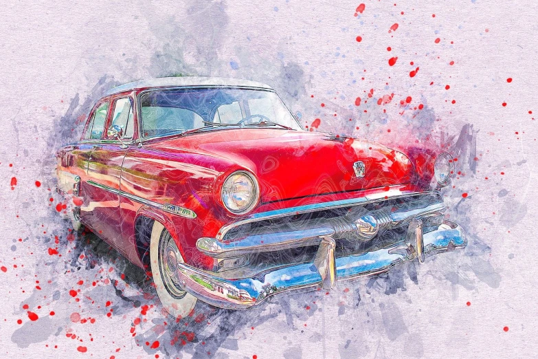a watercolor painting of a red classic car, a digital painting, by Andrzej Wróblewski, trending on pixabay, pop art, ford fusion, protrait, beautiful art uhd 4 k, red lightning