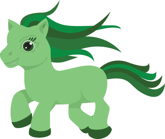 a green pony with a long mane, inspired by Masamitsu Ōta, trending on deviantart, hurufiyya, flash animation, green and black color scheme, aubrey powell, 4yr old