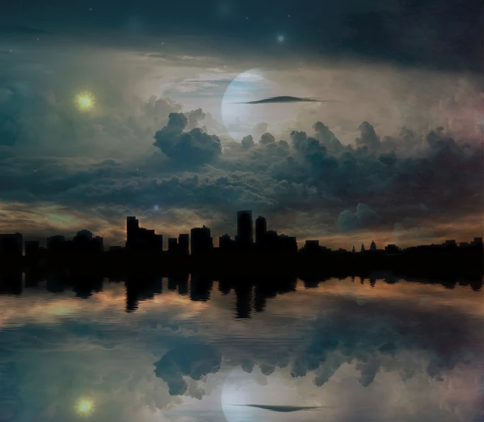 a large body of water with a city in the background, inspired by Johfra Bosschart, shutterstock, magical realism, reflection of the moon, mirrored, night clouds, city background in silhouette