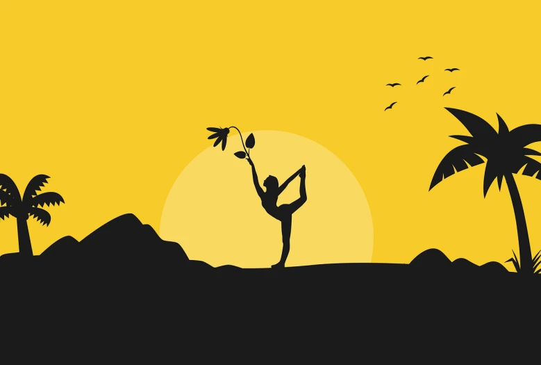 a person doing a yoga pose in front of a sunset, vector art, figuration libre, black and yellow color scheme, birds, on simple background, banner