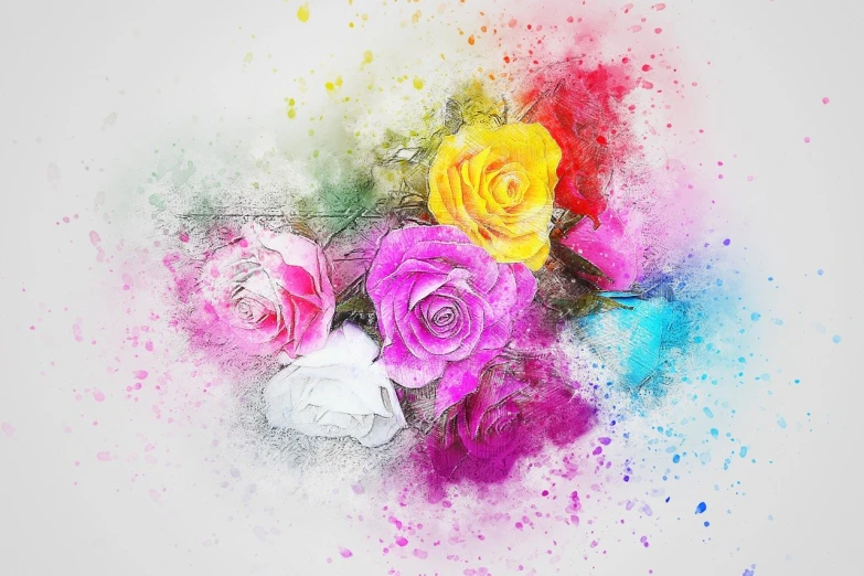 a bunch of multicolored roses on a white surface, a digital painting, trending on pixabay, art photography, on a gray background, a beautiful artwork illustration, splash of color, added detail