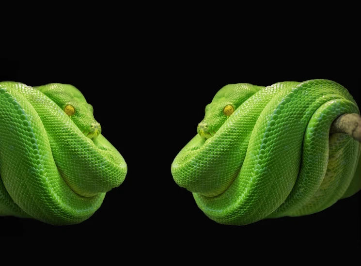 a close up of two green snakes on a branch, by Brad Holland, featured on zbrush central, hyperrealism, symmetrical 4k, symmetry!! portrait of hades, top and side view, getty images