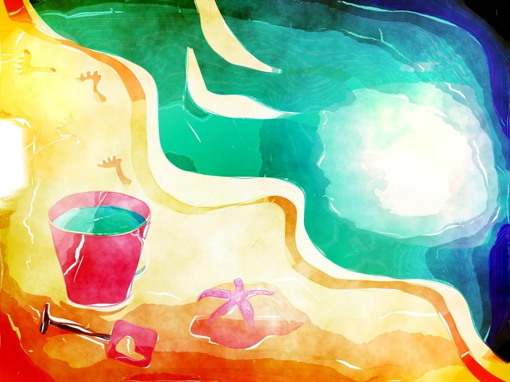 a painting of a bucket and sand on a beach, a watercolor painting, inspired by Henri-Edmond Cross, pixiv, conceptual art, cozy cafe background, mermaid in distance, multicolored digital art, done in the style of matisse